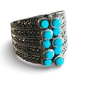 Sterling Silver Chapal-Zenray Turquoise and Marcasite Ring Size 8